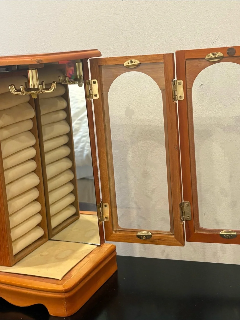 Vintage Wooden Jewelry Box with Glass Door with Four Boxes